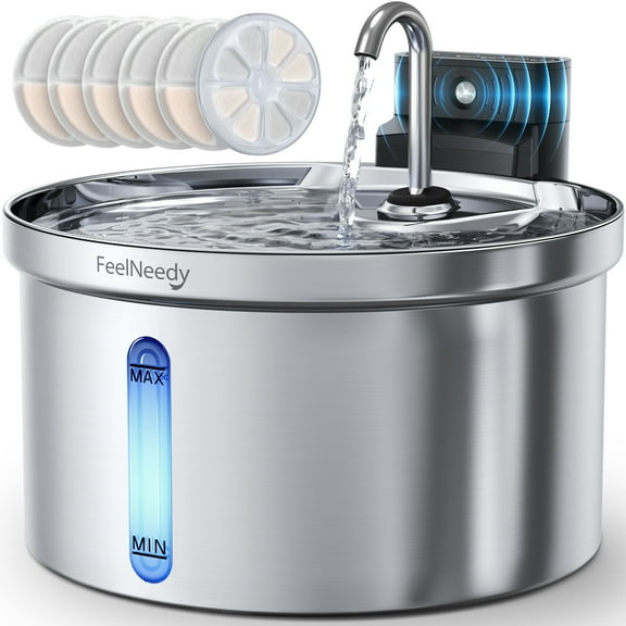 FeelNeedy Stainless Steel Cat Water Fountain with 6 Filters, 118oz/3.5L Battery Operated Wireless Cat Fountain, Automatic Pet Water Dispenser for Cats and Dogs