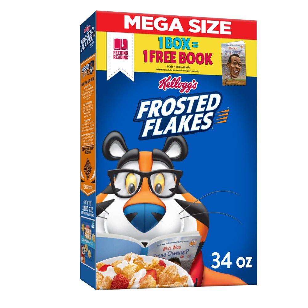 Kellogg's Frosted Flakes Breakfast Cereal, 8 Vitamins and Minerals, Kids Snacks, Original, 34oz