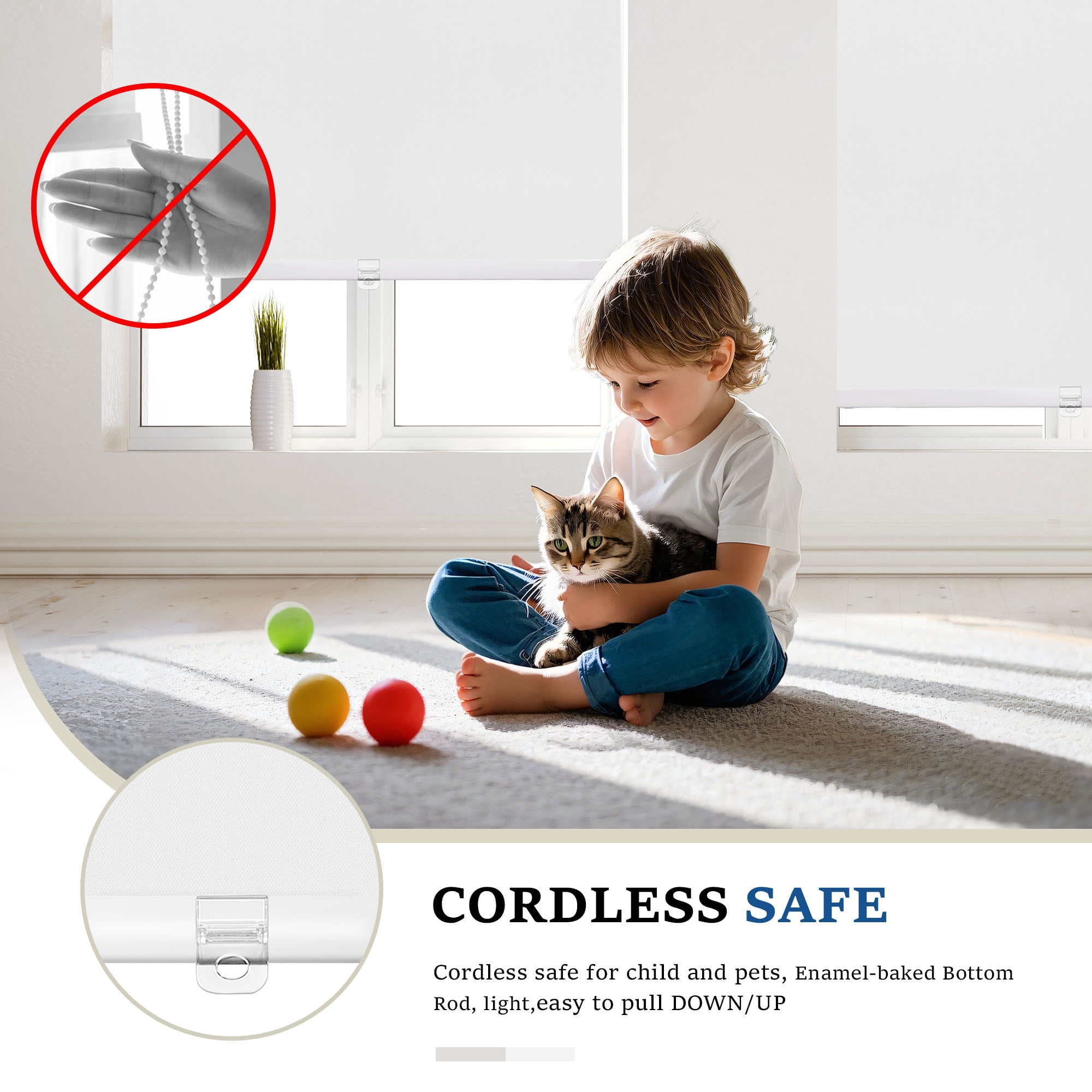 Grandekor Cordless Roller Shades for Windows, Blackout Blinds Room Darkening Pull Down Shades with Free-Stop System, Thermal Insulated UV Protection for Home Office 34x72" White