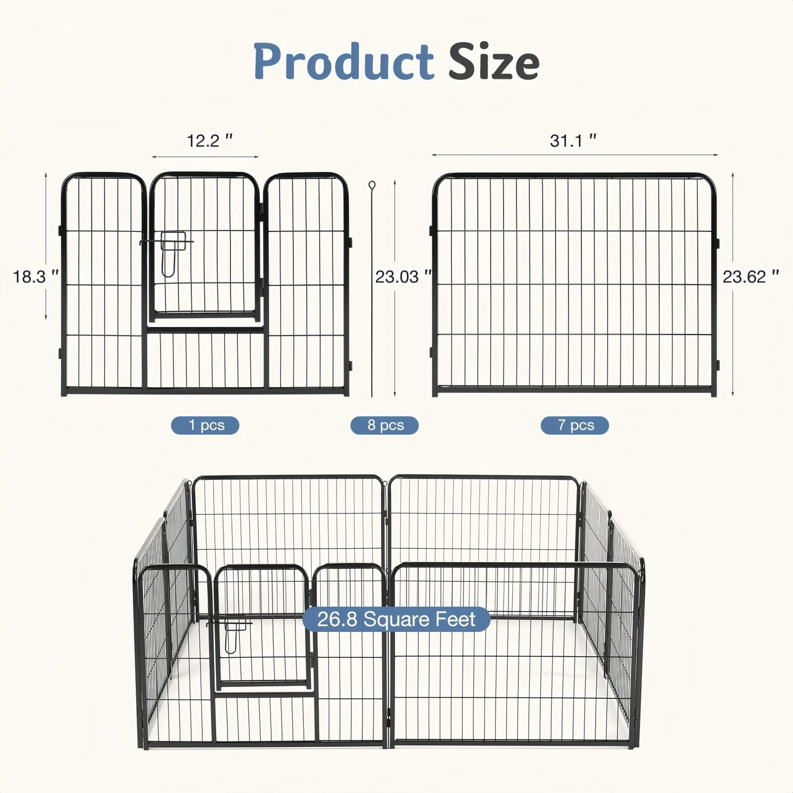 Kelno 24" Tall Dog Playpen 8 Panels Adjustable Metal Pet Fence with Lockable Door Indoor Outdoor Dog Crate Enclosure for Medium Large Dogs