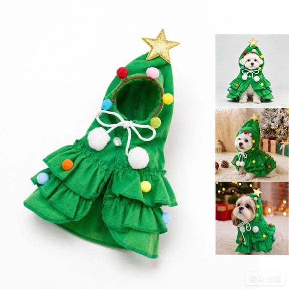 Pet Christmas Tree Costume, Hooded Dog Cat Xmas Outfit with Golden Star and Colorful Pompoms, Cute Ruffle Tiered Cloak for Small Puppy Kitten Holiday Party Photo Prop ,Green,M