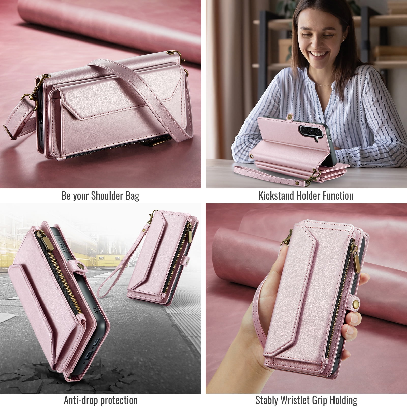 Asuwish Compatible with Samsung Galaxy A56 5G Zipper Wallet Phone Case Tempered Glass Screen Protector Crossbody Lanyard Strap Flip Card Holder Slot Cell Cover for A 56 56A LTE Women Girls Rose Gold
