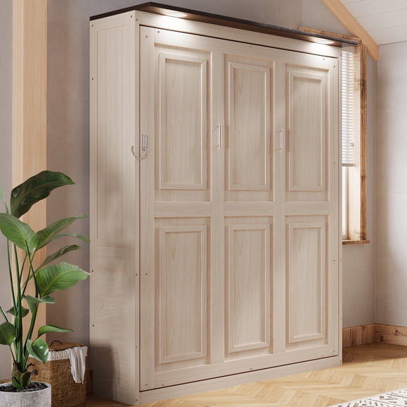 Noble House Fenvale Queen Murphy Bed with Integrated LED Lights, Space-Saving Foldable Cabinet Bed, Beige