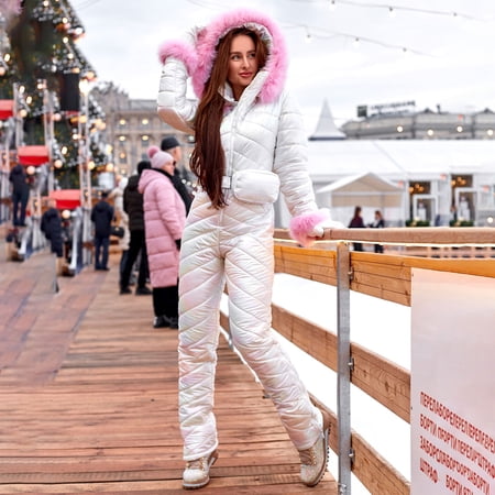 Baqcunre One Piece Jumpsuits For Women Women Snowboard Ski Suit Plush Collar Keep Warm Thicken Outdoor Sports Zipper Ski Suit Joggers Pants For Women Womens Pants White L