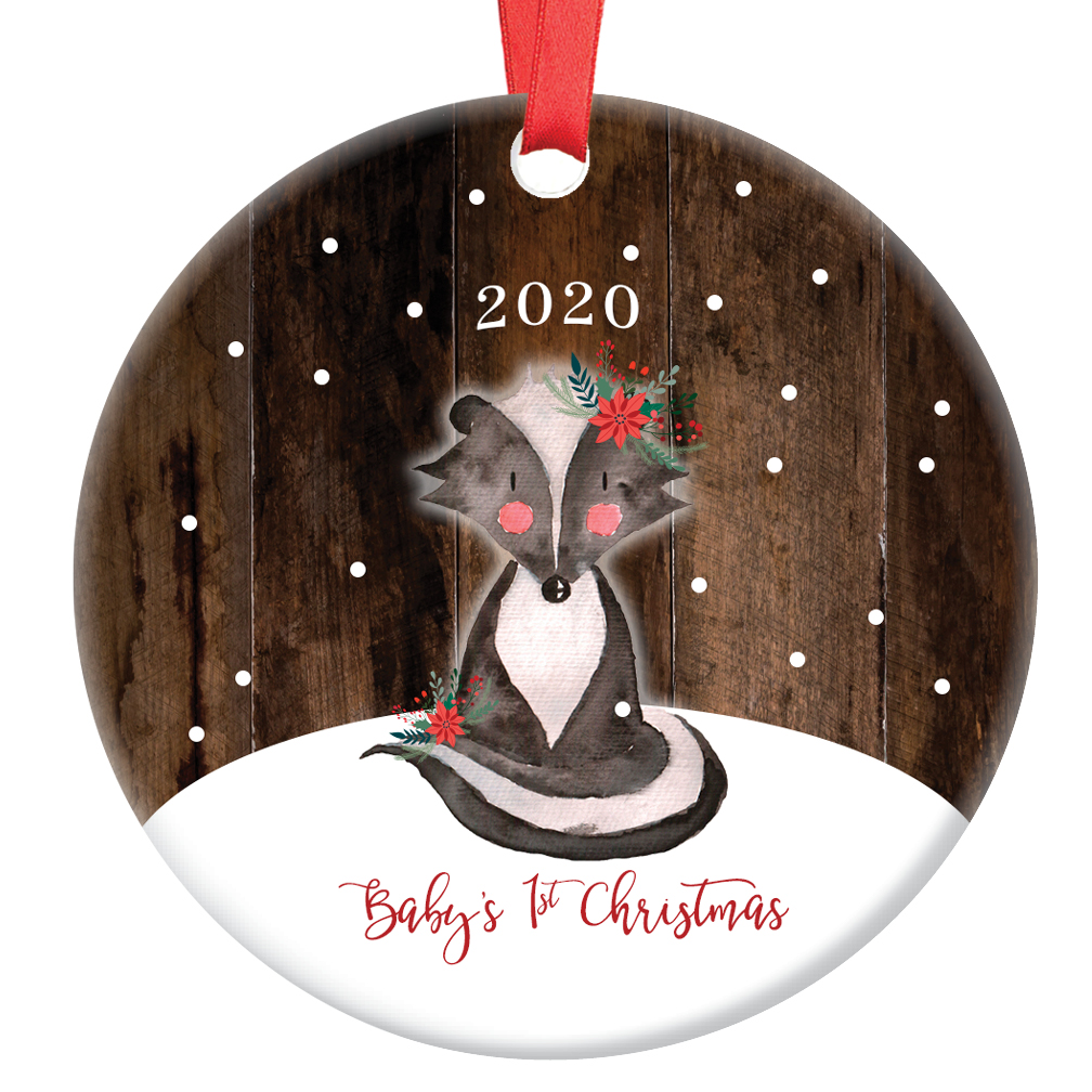 Skunk Baby's First Christmas Ornament 2020, Girl Baby's 1st Christmas Porcelain Ceramic Ornament, 3" Flat Circle Calligraphy Christmas Ornament Glossy Glaze, Red Ribbon & Free Gift Box | OR00184 Maya - image 1 of 2