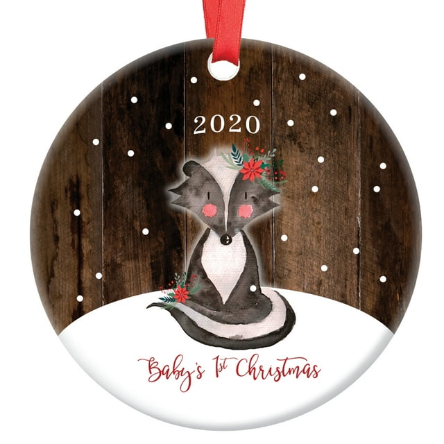 Skunk Baby's First Christmas Ornament 2020, Girl Baby's 1st Christmas Porcelain Ceramic Ornament, 3" Flat Circle Calligraphy Christmas Ornament Glossy Glaze, Red Ribbon & Free Gift Box | OR00184 Maya