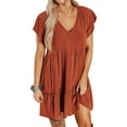 thumbnail image 3 of HUBERY Women Solid Color V Neck Ruffled Short Sleeve Pleated Layered Mini Dress, 3 of 6