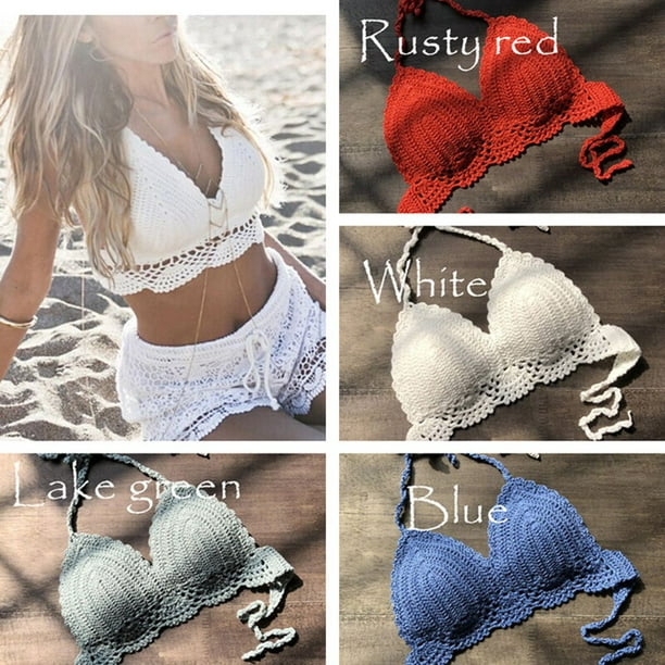 Women Plus Size Sexy Bikinis Crochet Push Up Bra Black White Bikini Top  Boho Beach Bralette Solid Halter Knitted Bra