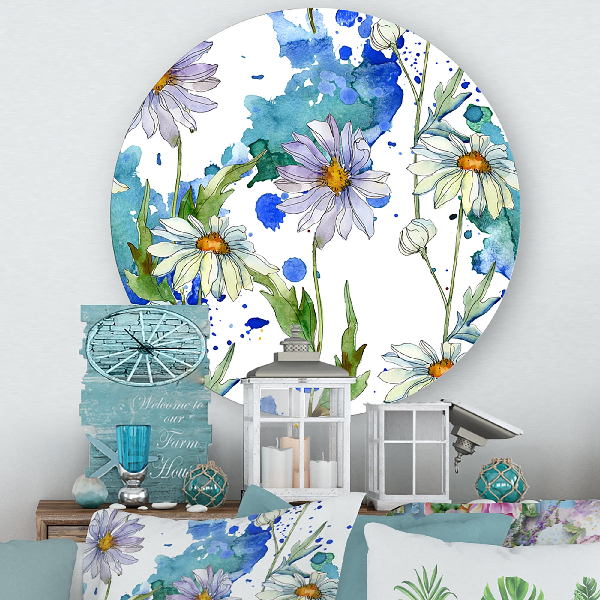 Designart 'Daisies With Green Leaves and Background' Traditional Circle Metal Wall Art 11x11 - Disc of 11