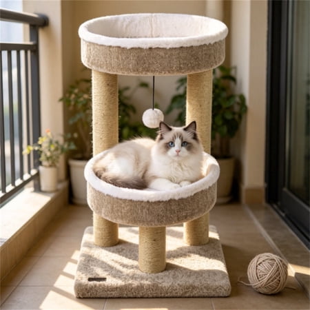 White & Beige 24 Inch Compact Cat Tree with 2 Plush Perches Jute Rope Scratching Posts & Hanging Toy Ball Stable Small Cat Tower for Indoor Cats in Apartments & Bedrooms