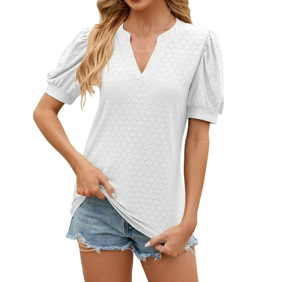 FAIWAD Women's Puff Sleeve Tops Short Sleeve V Neck T-Shirt Casual Solid Color Dressy Pullover Tops
