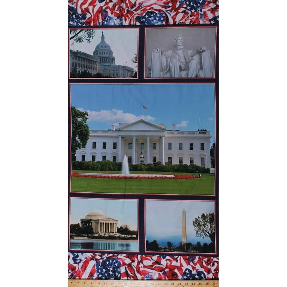 23" X 44" Panel Washington D.C. Monuments Landmarks White House Capitol Building Memorials USA America Tourist Attractions American Spirit Cotton Fabric Panel (01340-01)