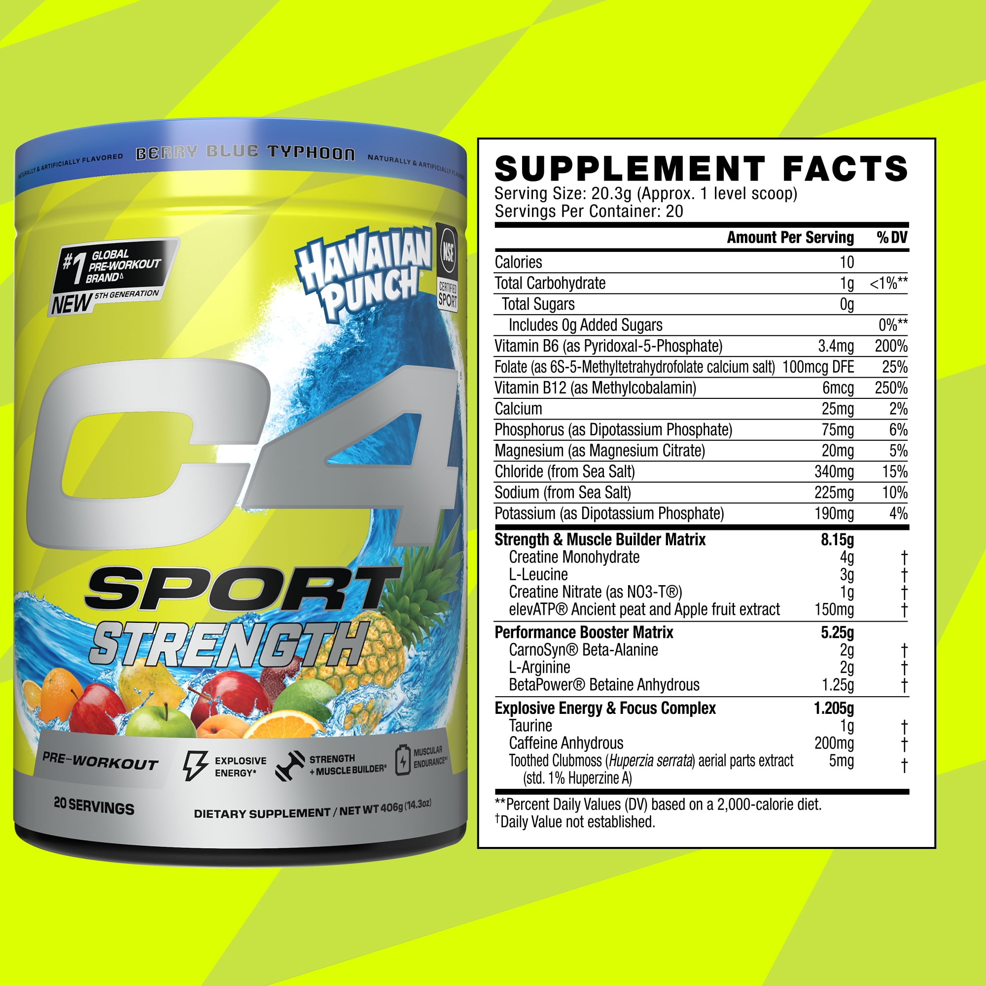 C4 Sport Strength Pre-Workout Powder, Hawaiian Punch® Berry Blue Typhoon, 30 Servings