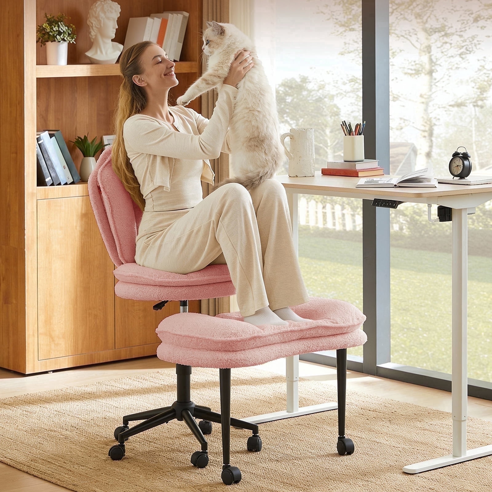 Pinmoco Cloud-Style Cross Legged Office Chair, Kneeling & Criss Cross Swivel Desk Chair with Full Lumbar Support, 360° Rotating Footrest, Ergonomic ADHD Meditation Yoga Chair for Home Office, Pink