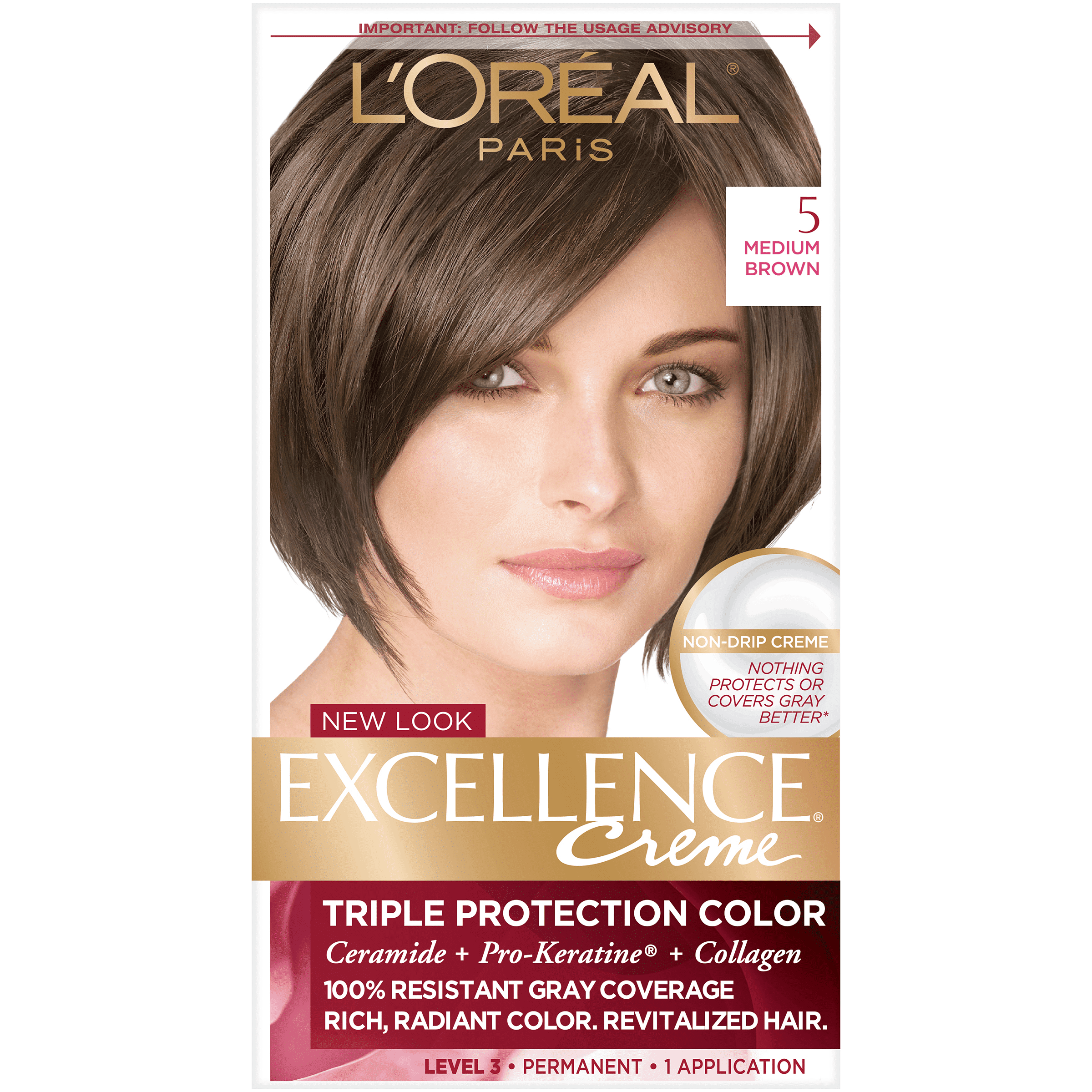 L'Oreal Paris Excellence Creme Permanent Triple Care Hair Color, 5 Medium Brown, 1 kit