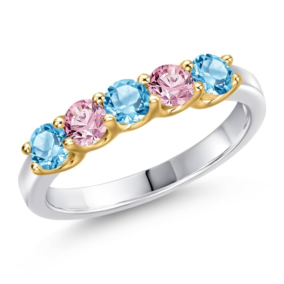 Gem Stone King 10K Two Tone Gold Swiss Blue Topaz and Pink Lab Grown Diamond Wedding-Bands Ring for Women | 0.96 Cttw | Round 3.5MM | Gemstone November Birthstone | Size 6