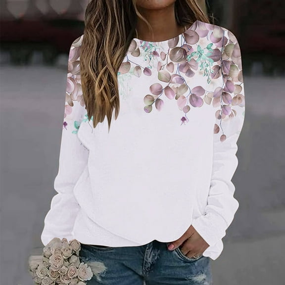 Byworldtasic Oversized SweatshirtWomen's Printed Casual Tops Long Sleeved Round Neck Loose Printed Front Shoulder Blouses