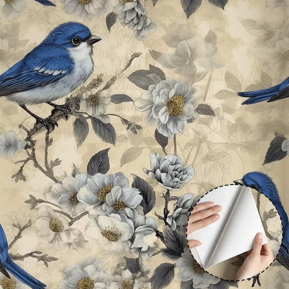 Vintage Blue Bird Floral Wallpaper Peel and Stick Waterproof Rustic Farmhouse Wall Decor for Living Room Bedroom Bathroom Dorm Room Kitchen Cabinet 17.7 * 78.5 in