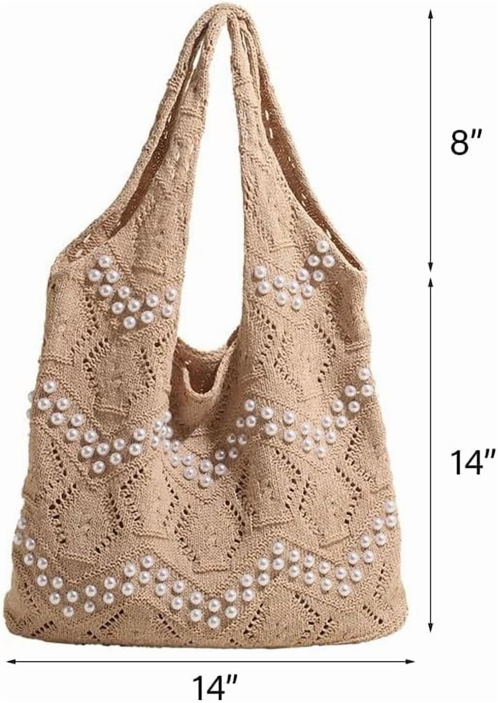 CAILDANL Boho Crochet Beach Tote Shoulder Bag with Colored Beads | Colorful Aesthetic Hippie Knit Bag for Women