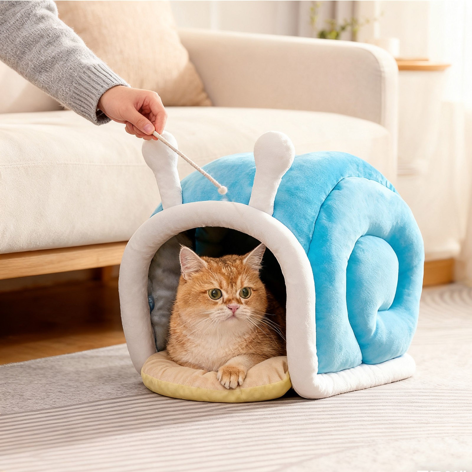 Cat Bed Cave Enclosed Snail Shape - Warm Cozy Hideaway for Indoor Cats, Small Dogs & Kittens, Winter Covered Bed Non- Bottom