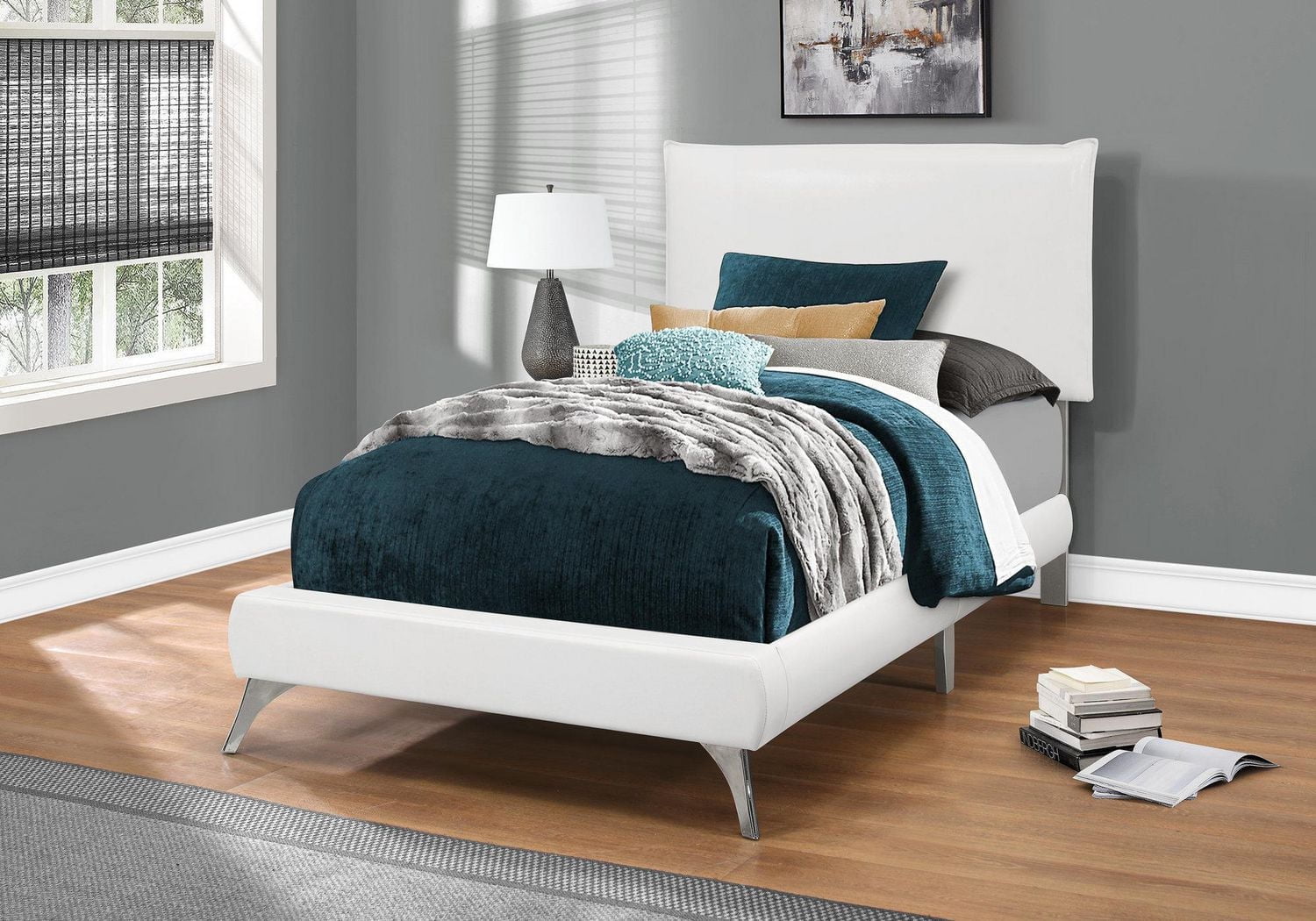 Monarch Specialties Bed, Twin Size, Platform, Teen, Frame, Upholstered, Pu Leather Look, Metal Legs, White, Chrome, Contemporary, Modern