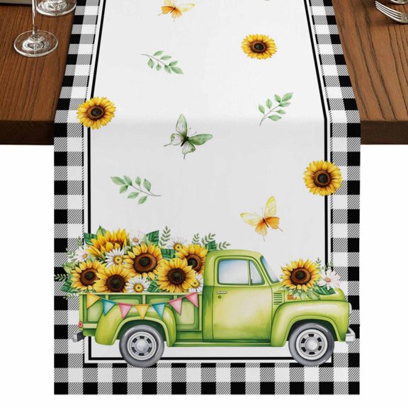 Table Runners 70 Inches Long Dress Scarves, Sunflowers Farmhouse Coffee/Dining/Kitchen Table Decor, Holiday Table Runner, Spring Farmhouse Country Truck Floral Black Plaid 13x70 Inch