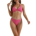 thumbnail image 1 of Conjunto de bikini de dos piezas con textura acanalada para mujeres INSPIRE CHIC, con parte inferior triangular y anillo en forma de corazón, trajes de baño en rosa medio., 1 of 5