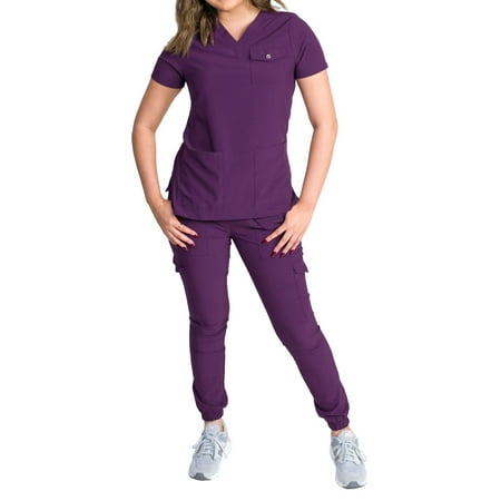 

Medgear Maple Women s Stretch Scrub Set Snap Closure Chest Pocket Top and Gathered Jogger Pants