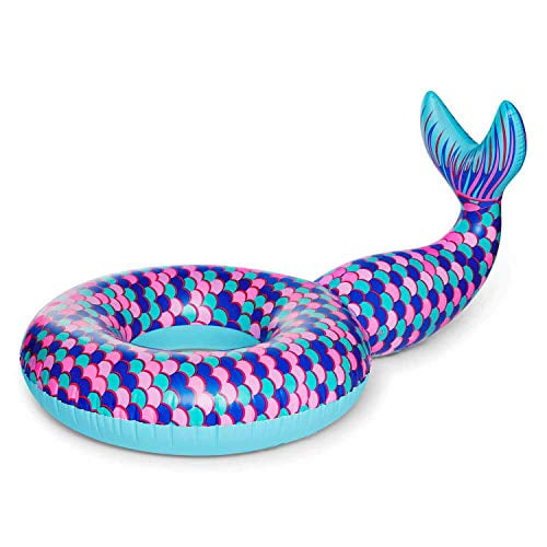 Swim Ring Float Tube Mermaid and Crown Beach Toys Lounger Mat for Adults Inflatable PVC with Air Pump Durable for Pool Party