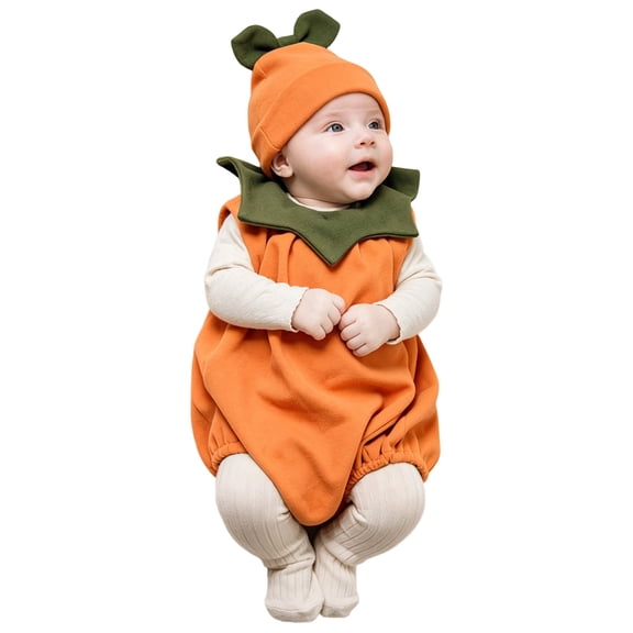 JFOPQVSM 2Pcs Halloween Toddler Pumpkin Orange Cute Party Jumpsuit with Pumpkin Hat (0-24 Months)