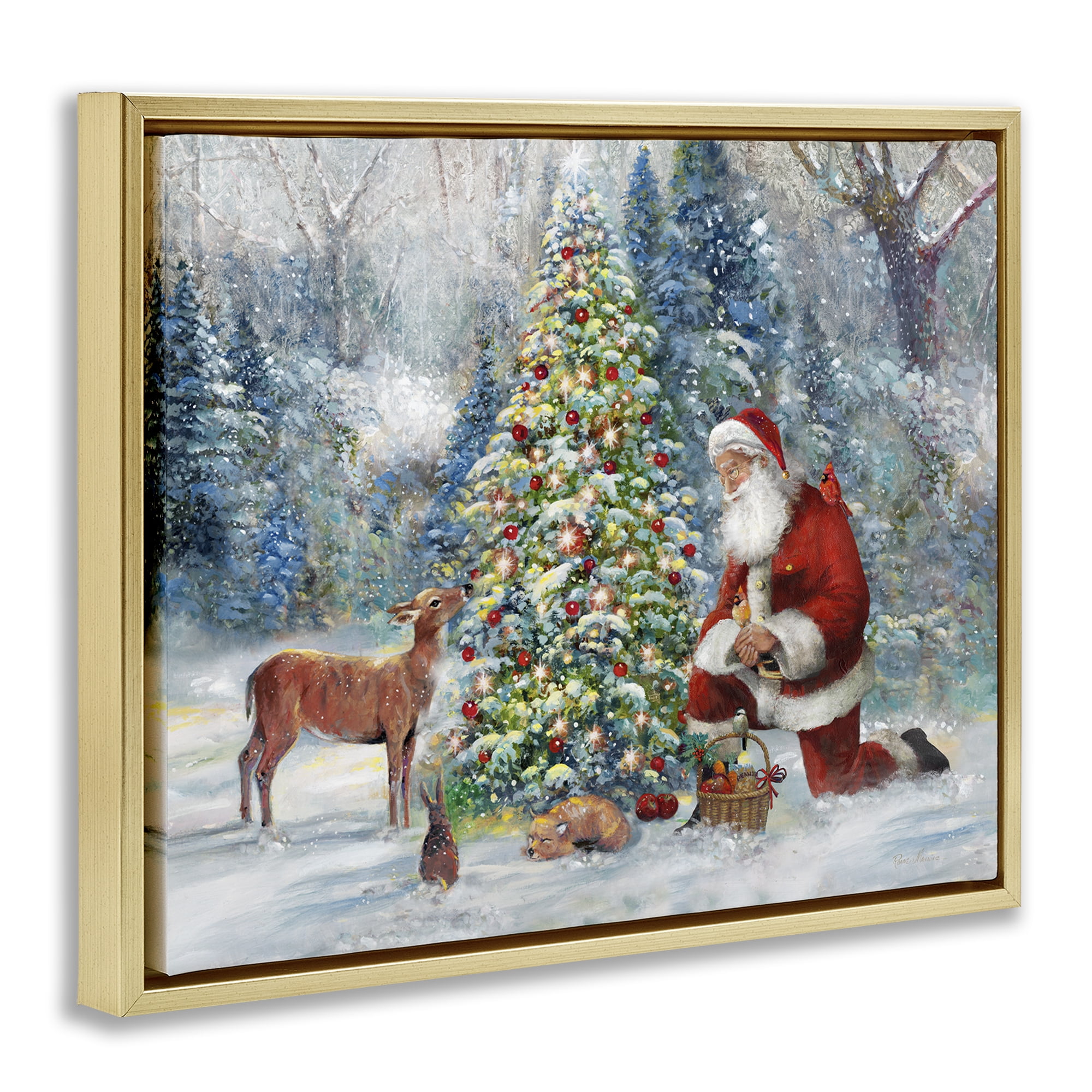 Stupell Industries Santa & Baby Deer Holiday Painting Gold Floater Framed Canvas Art Prints Wall Art, 31 x 25