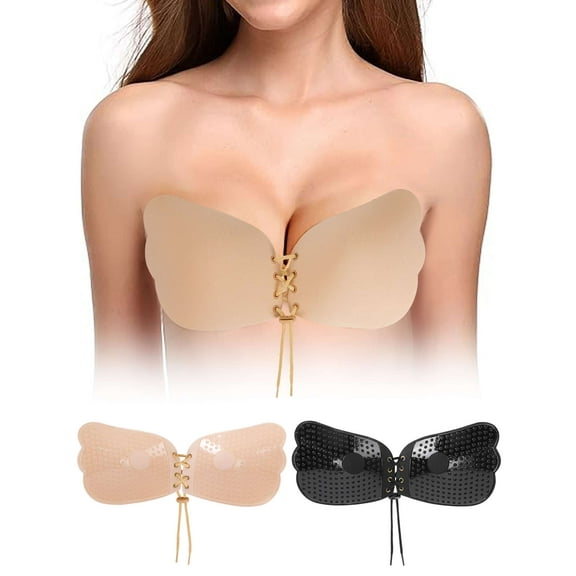 GustaveDesign 2pcs Women's Strapless Invisible Bra Push Up Self Adhesive Bra Silicone Bras with Drawstring Sticky for Dess Wedding Party "Black & Skin,B Cup"