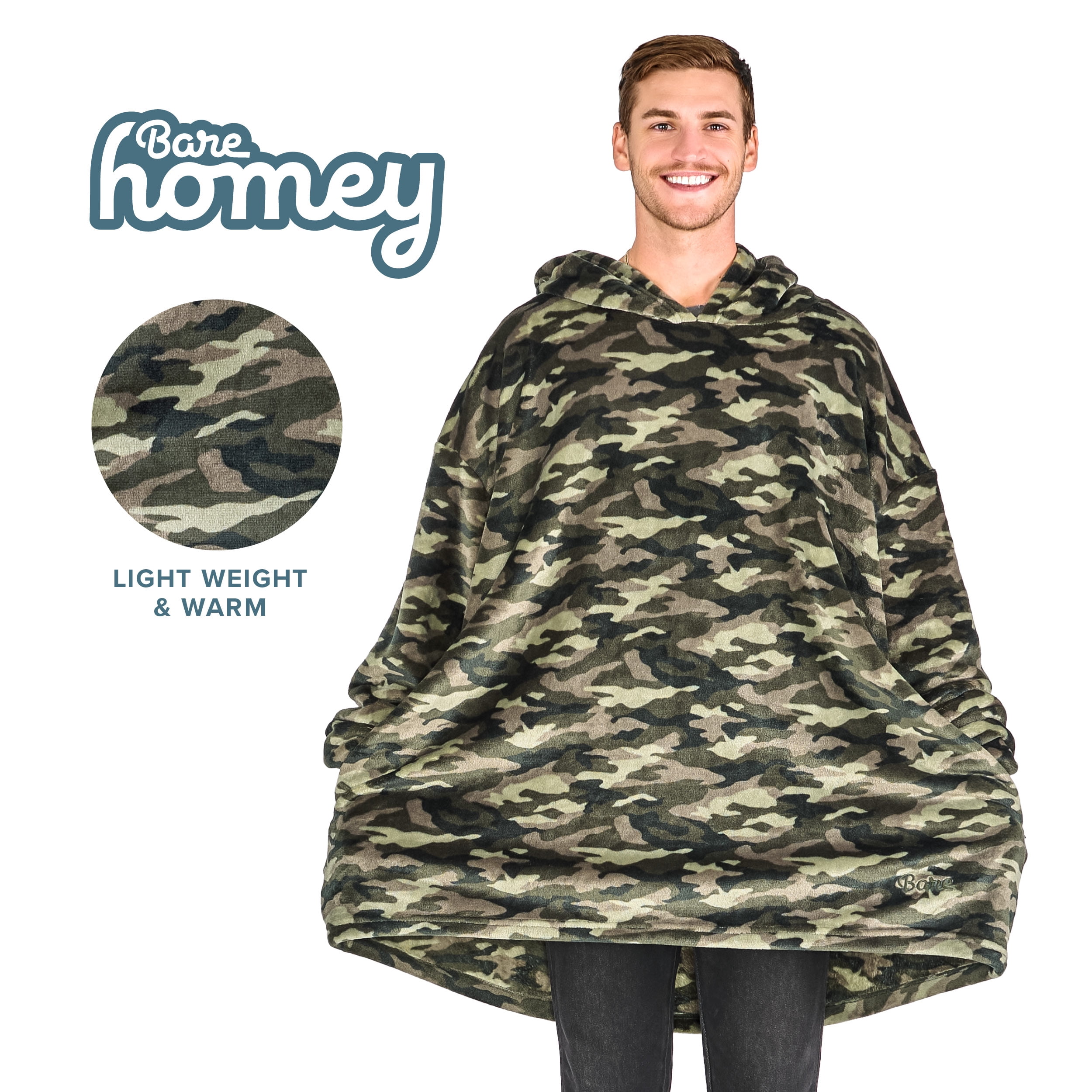 Bare Homey Adult Size Microplush Wearable Blanket - Zipper Side Pockets - Warm - Velvety Soft, Camo - Green