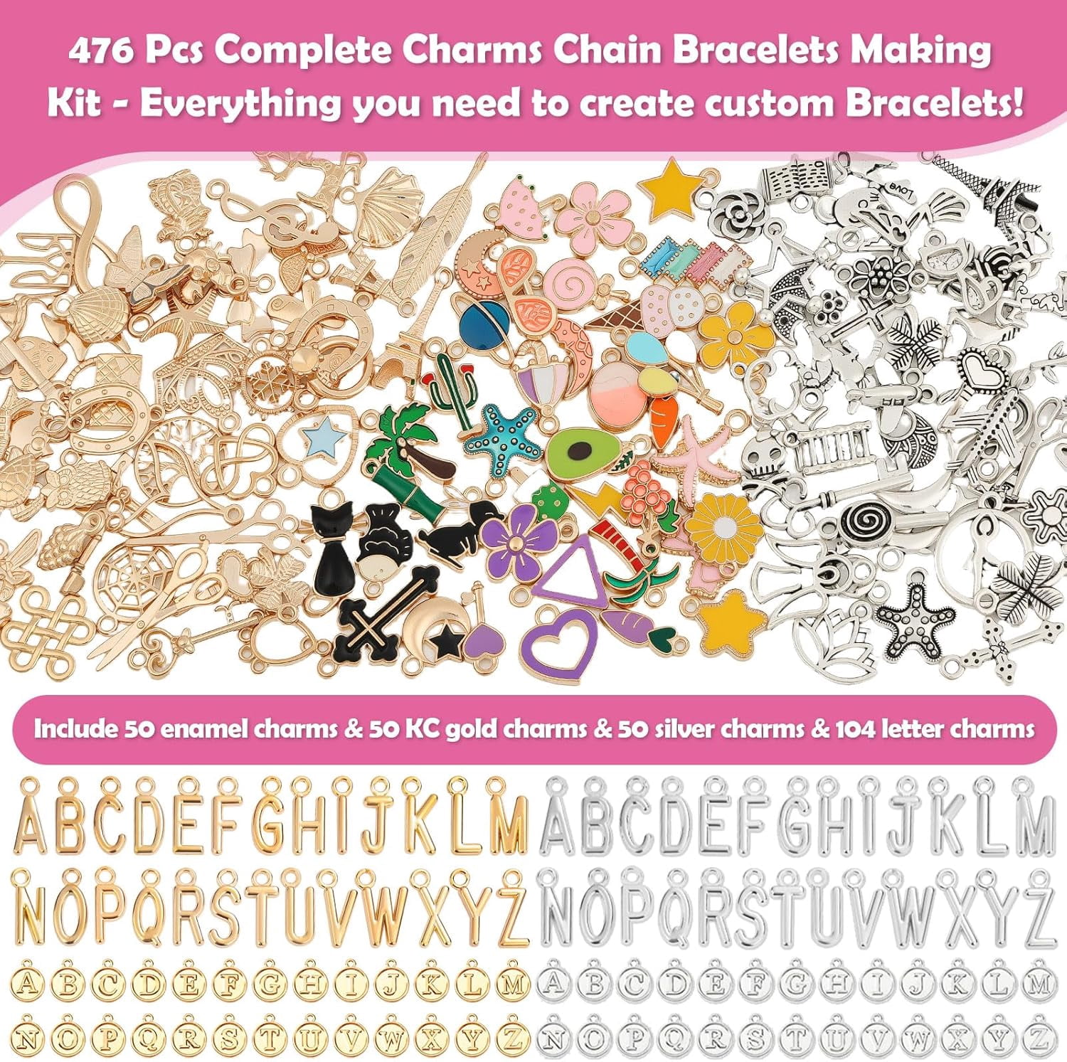 TAVENE 477Pcs DIY Charm Bracelet Making Kit, Gold & Silver Charms, Paperclip Chain & Alphabet Charms, Jewelry Supplies