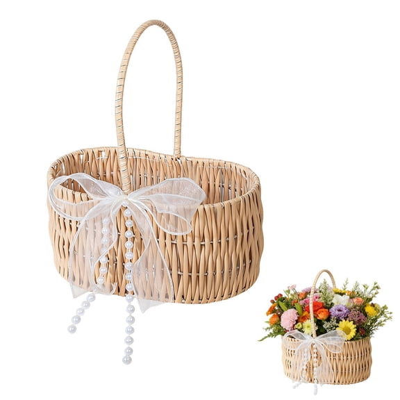 Wicker Rattan Flower Girl Basket with Bows and Pearl Rustic Wedding Basket for Flower Girl, Hand Woven Willow Storage for Ceremonies Parties Home Decor