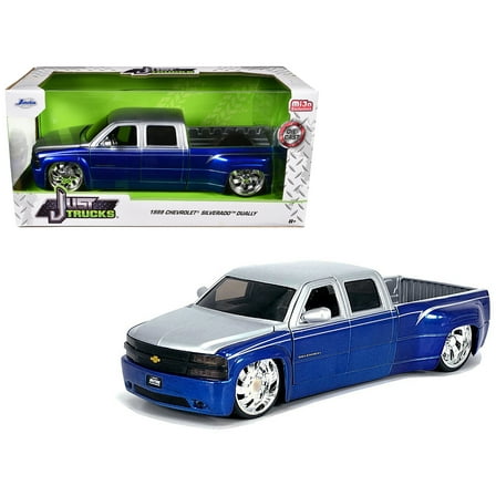 1999 Chevrolet Silverado Dually Pickup Truck Blue Metallic and Silver with Custom KMC Wheels "Just Trucks" Series 1/24 Diecast Model Car by Jada