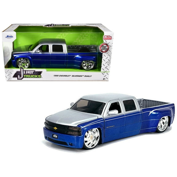 1999 Chevrolet Silverado Dually Pickup Truck Blue Metallic and Silver with Custom KMC Wheels "Just Trucks" Series 1/24 Diecast Model Car by Jada