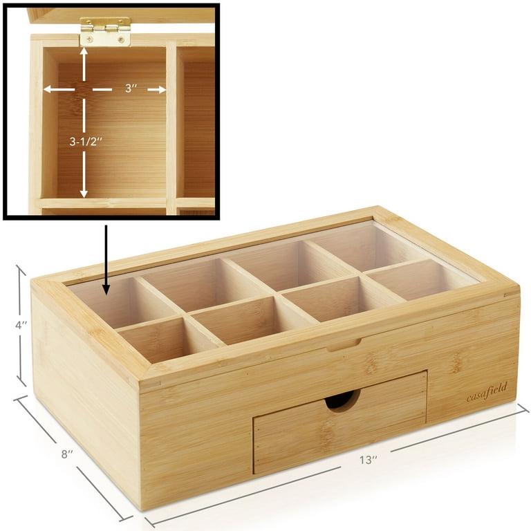 Bamboo Tea Box, Tea Bags Organizer, Tea Storage Wood Chest with 8  Adjustable Divided Compartments,Clear Lid Window for Tea Bags, Packets,  Coffee, Sugar, Creamer…