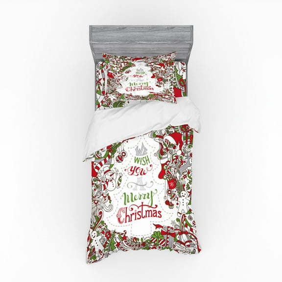 Ambesonne Christmas Bedding Set 3 Pcs, Santa Snowman Wishes, Twin XL, Multicolor