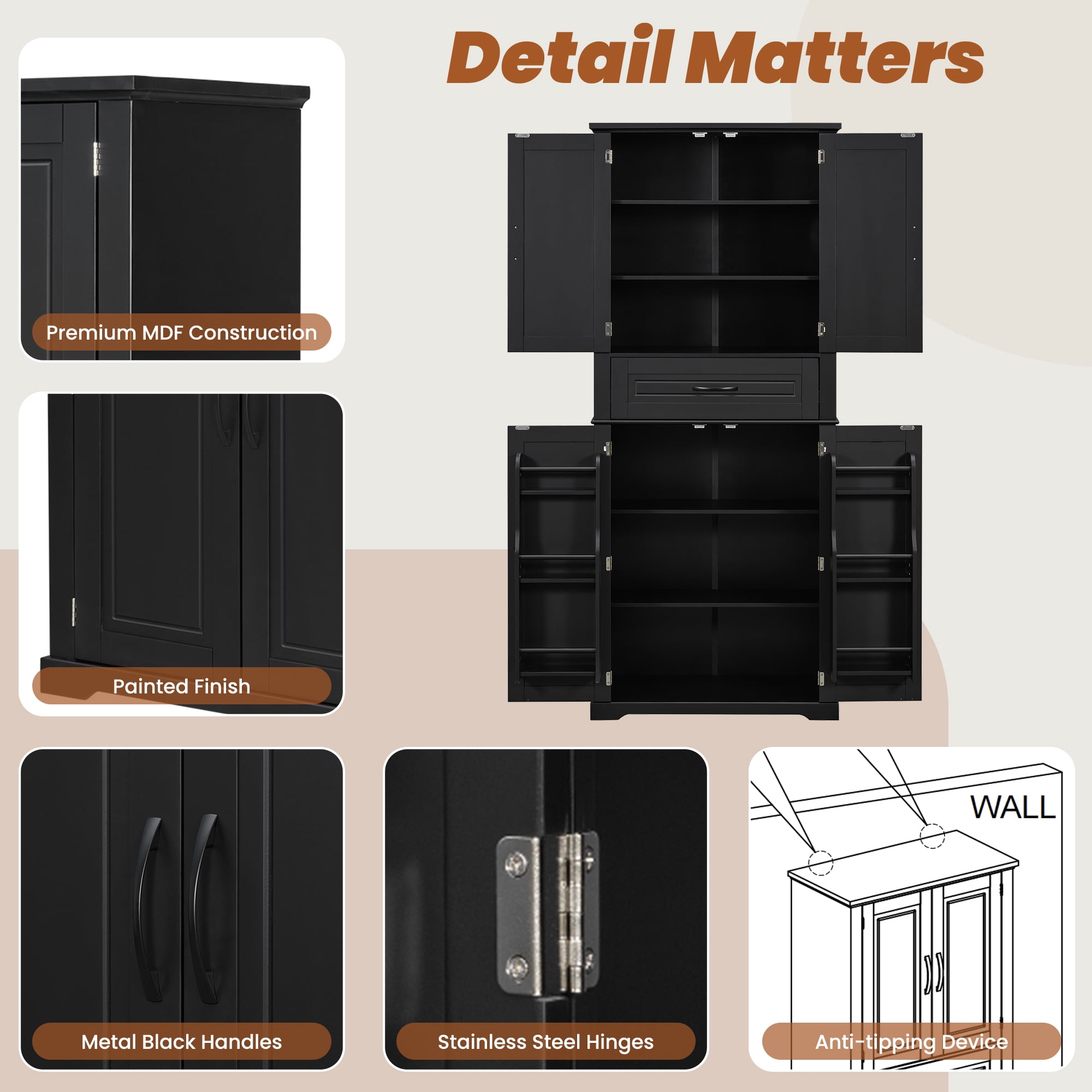 Mintazer 72" Tall Bathroom Linen Cabinet with Adjustable Shelves & Large Drawer, Freestanding Storage Cabinet with Side Door Organizer for Bathroom Laundry Room, Black