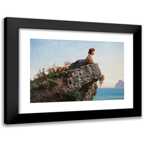 Filippo Palizzi 14x11 Black Modern Framed Museum Art Print Titled - The Girl on the Rock in Sorrento (1871)