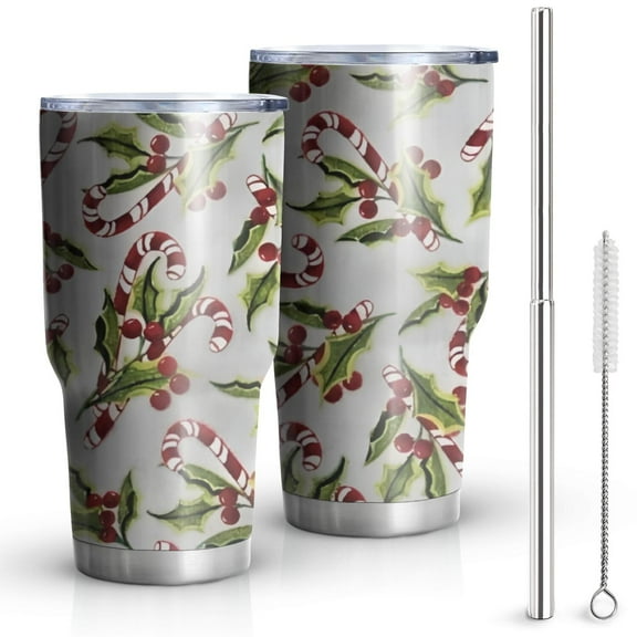 30oz White Christmas Candy Cane Pattern Tumblers Stainless Steel Tumbler with Lid and Straw,Vacuum Insulated Double Wall Travel Tumbler Cups Mug with Cleaning Brush for Coffee,Tea