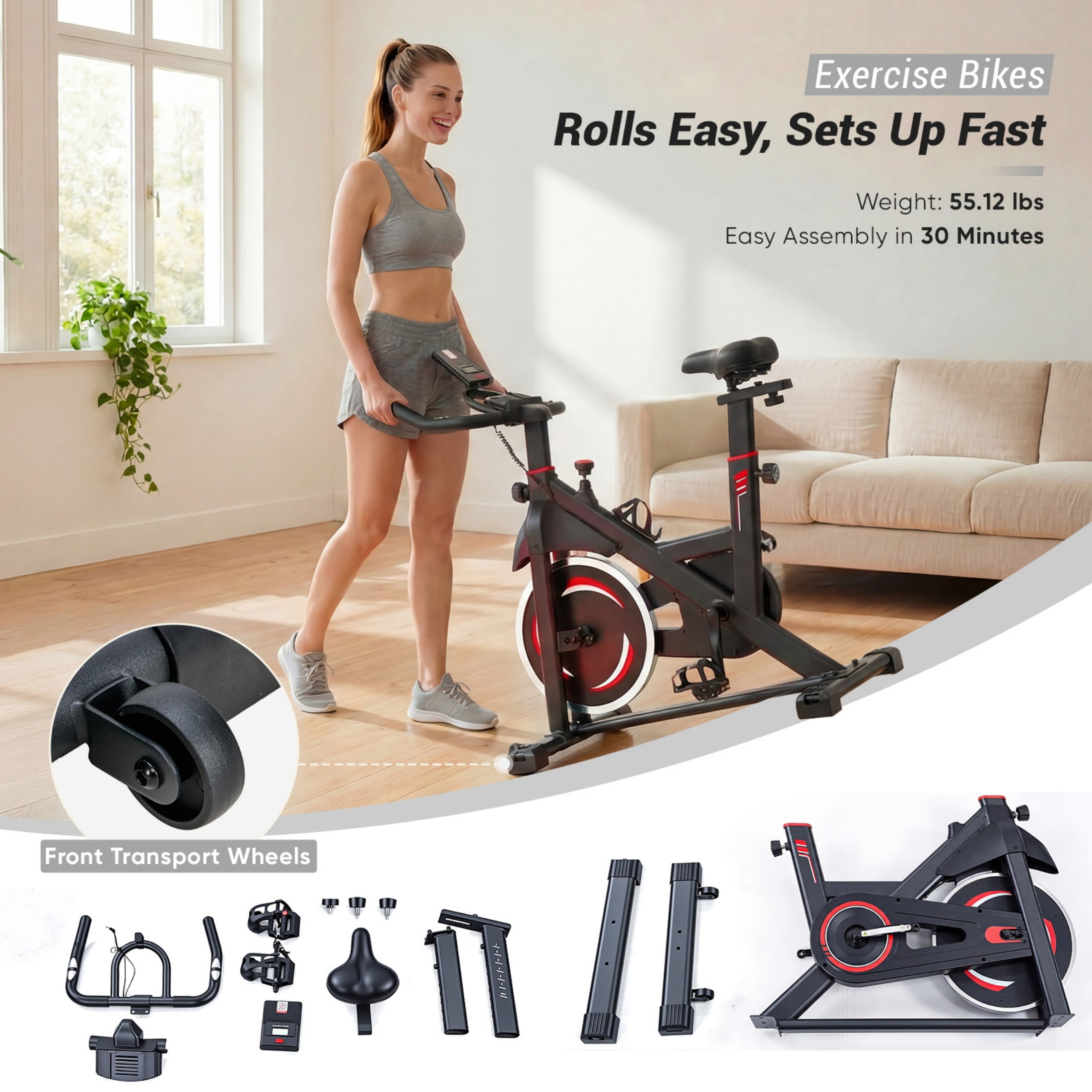 CONCETTA Exercise Bike for Home Gym, Stationary Indoor Cycling Bike, Low Noise Cardio Workout Equipment with Adjustable Resistance, Black Red