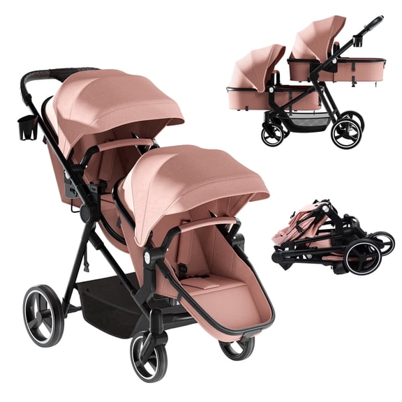 Guqiart Foldable Double Stroller with Adjustable Backrest, Convertible Twin Stroller, Double Infant Stroller for Newborn and Toddler, Pink