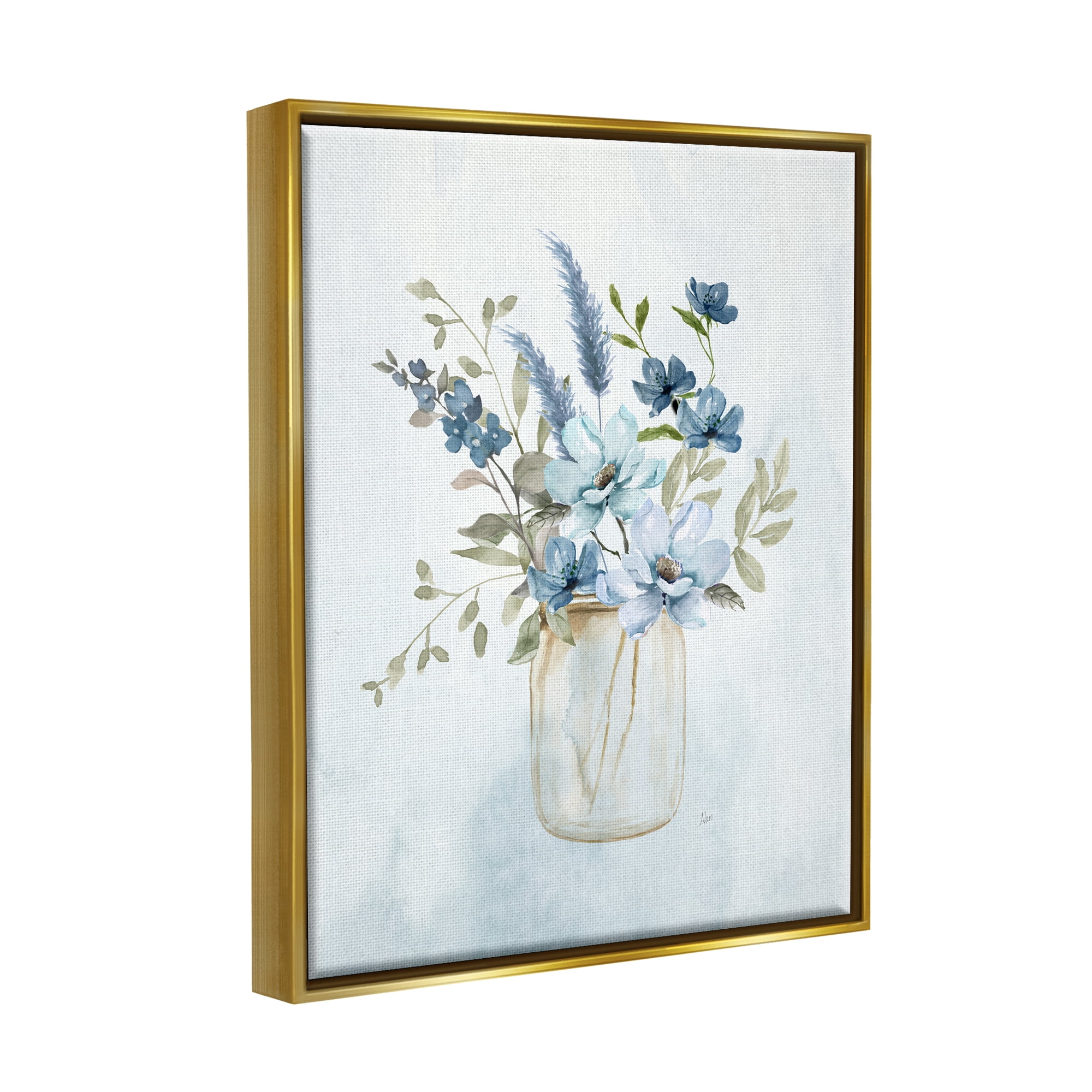 Stupell Industries Floral Blue Bouquet Botanical & Floral Painting Gold Floater Framed Canvas Art Print Wall Art, 25 x 31