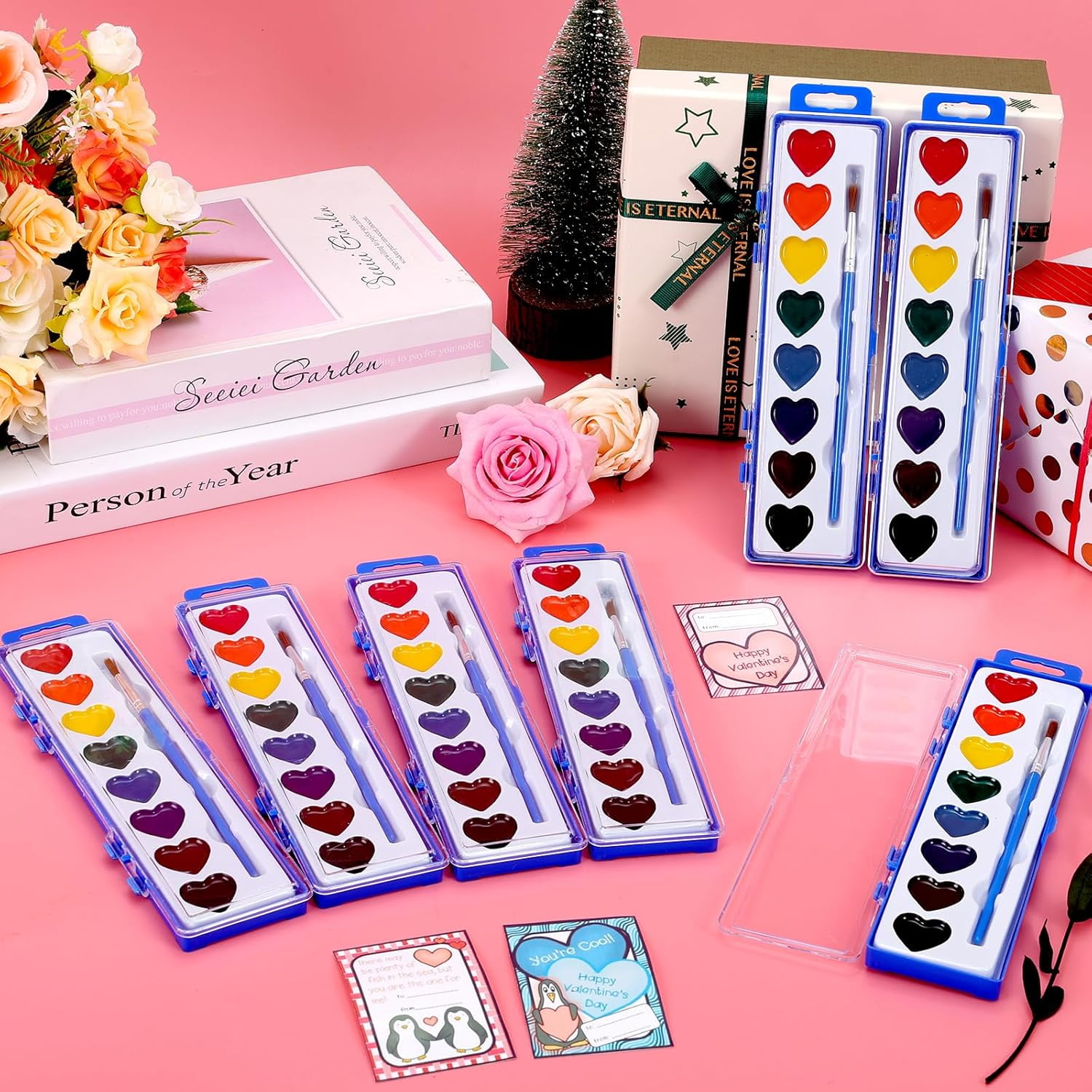30 Pack Heart Watercolor Paint Set,8 Colors Washable Valentines Water Color Paint Set for Kids with Paintbrush,Watercolor Paint for Prizes Exchange Gifts,Valentine's Day Gifts,Party Favor,Classroom