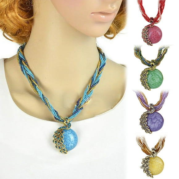 Bluelans Pendentif Rond en Faux Opale Incrusté de Strass Paon pour Femmes, Cadeau