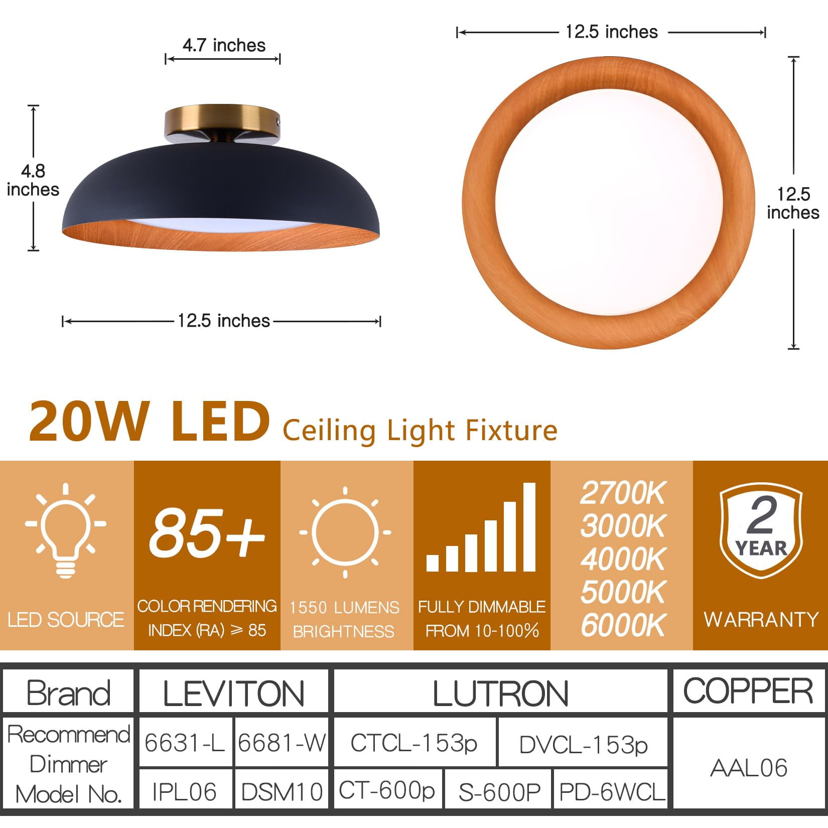 BESTOMINE Flush Mount Ceiling Light,12.5 inch LED Ceiling Light Fixture,2700K-6000K/20W, Matte Black with Wood Accent