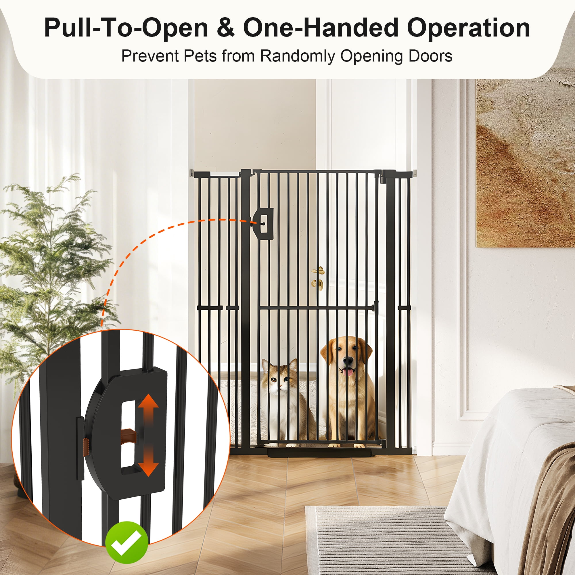 AOPEC 57" Extra Tall Pet Gate, Auto Close Dog Door Pressure Mounted No Drilling for Doorways, Hallways, Stairs, Expandable 27.5"-38.5" Wide, Narrow 1.18" Spacing for Small Dogs & Puppies, Black