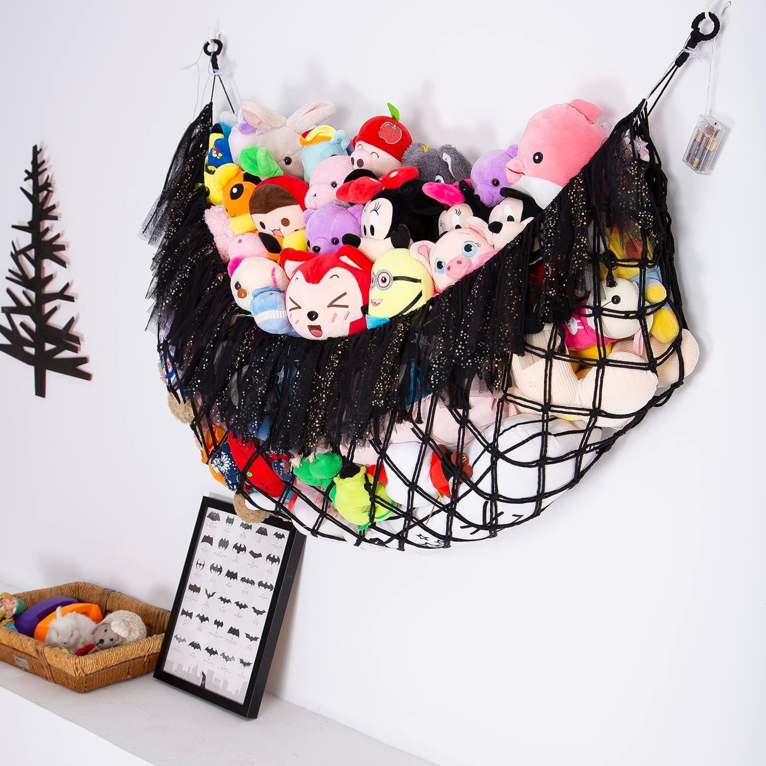 Large Stuffed Animal Hammock with Light Wall Mounted- Hammock Plushies Net Stuff Toy Organizer Boho Macrame Toy Hammock Corner Hanging Net for Nursery Storage Bedroom Playroom Decor-Black